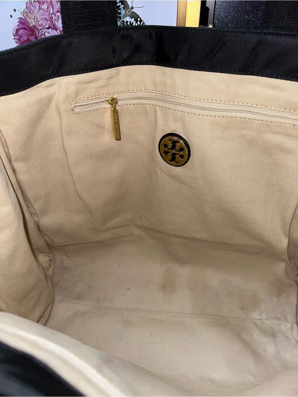 Tory Burch Ella Black Nylon Patent Trim Tote